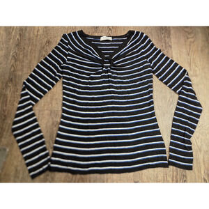 BAILEY 44 Striped Top Blouse Long Sleeve Black Blue white Medium Made in USA